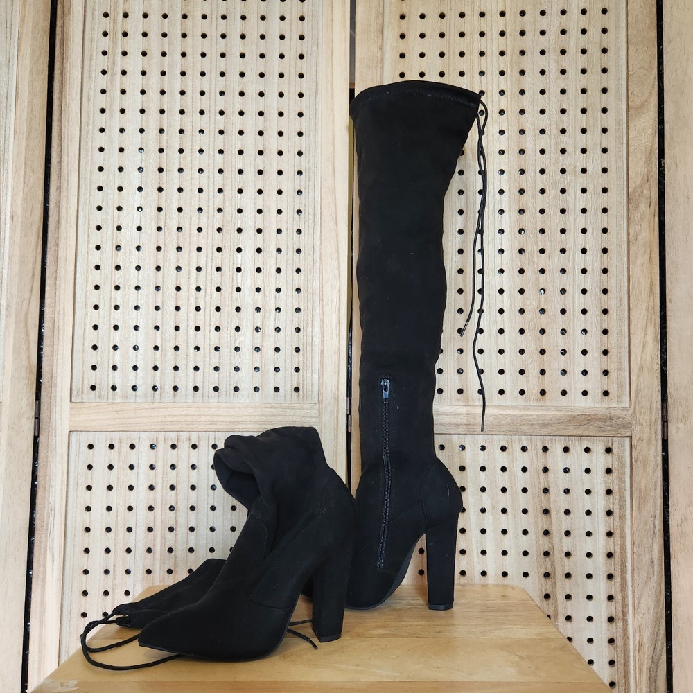 Cara Boots Over The Knee Heeled Suede Women's Size 6 Black Dress Costume - Picture 3 of 9